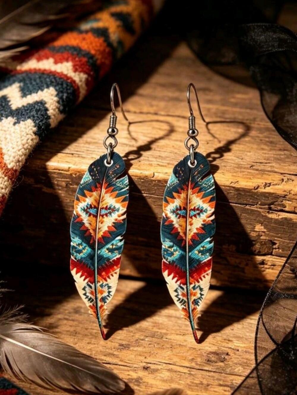 Colorful Southwestern Bohemian Feather Drop Earrings 2-D Acrylic Boho Western